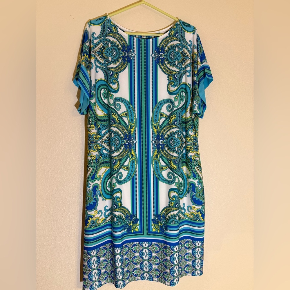 Elegant Blue and Green Paisley Dress